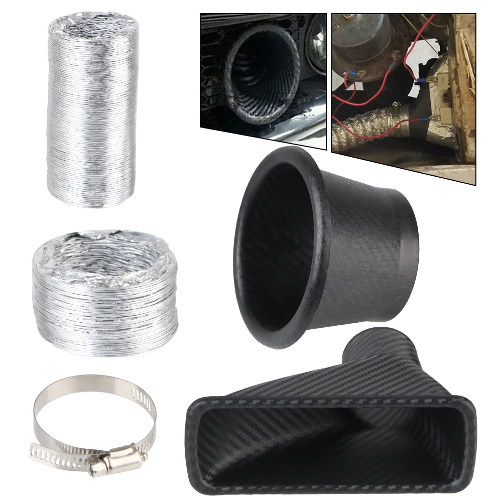 Car Front Bumper Air Intake System Air Funnel Pipe Set Round/Square Nozzles Air Vent Tube Kit Turbo Air Inlet Tuyere Universal