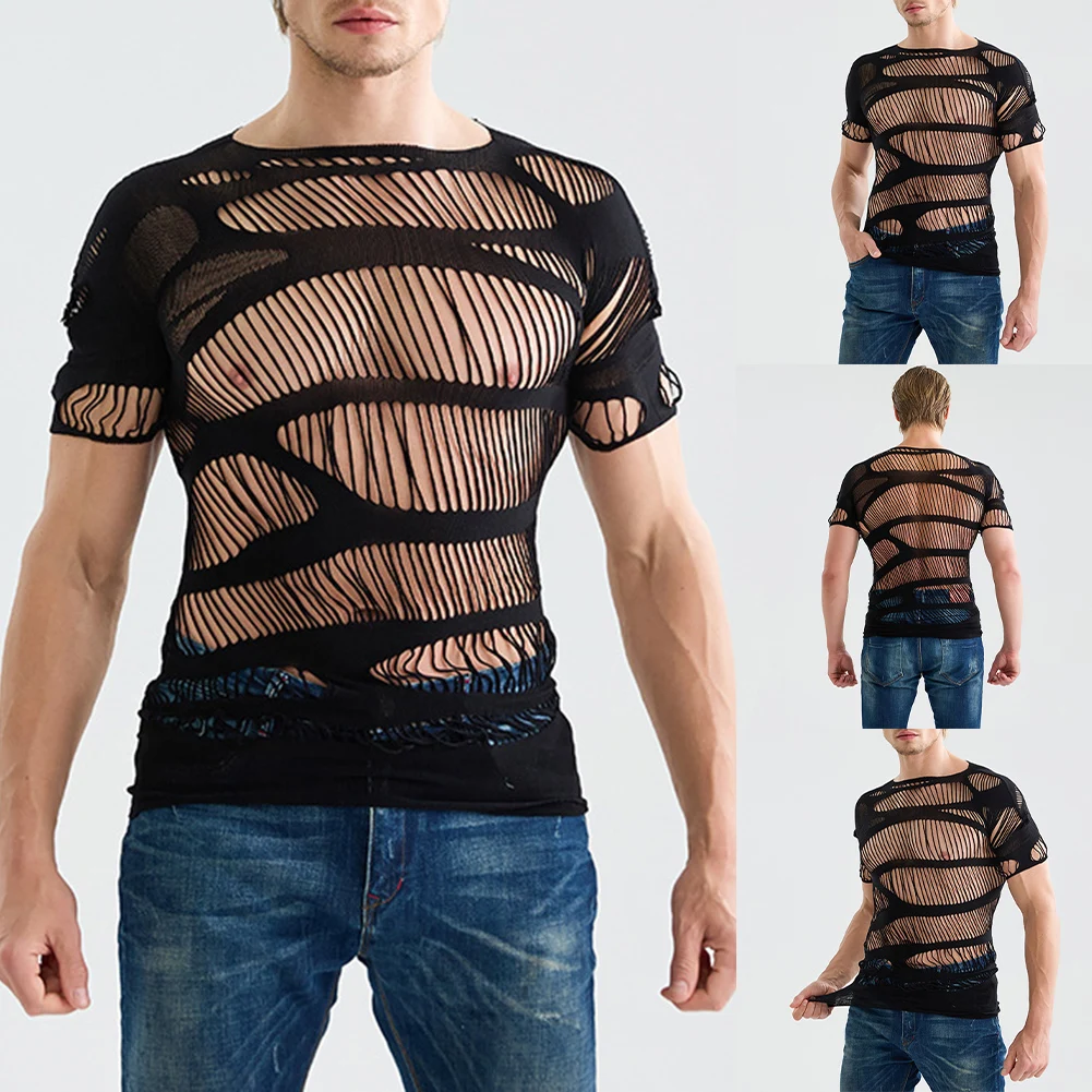 Men Sexy Mesh Sheer T-shirts Top Short Sleeve Mesh See Through Tops Hollow-Out O-neck T-shirts Solid Color Underwear