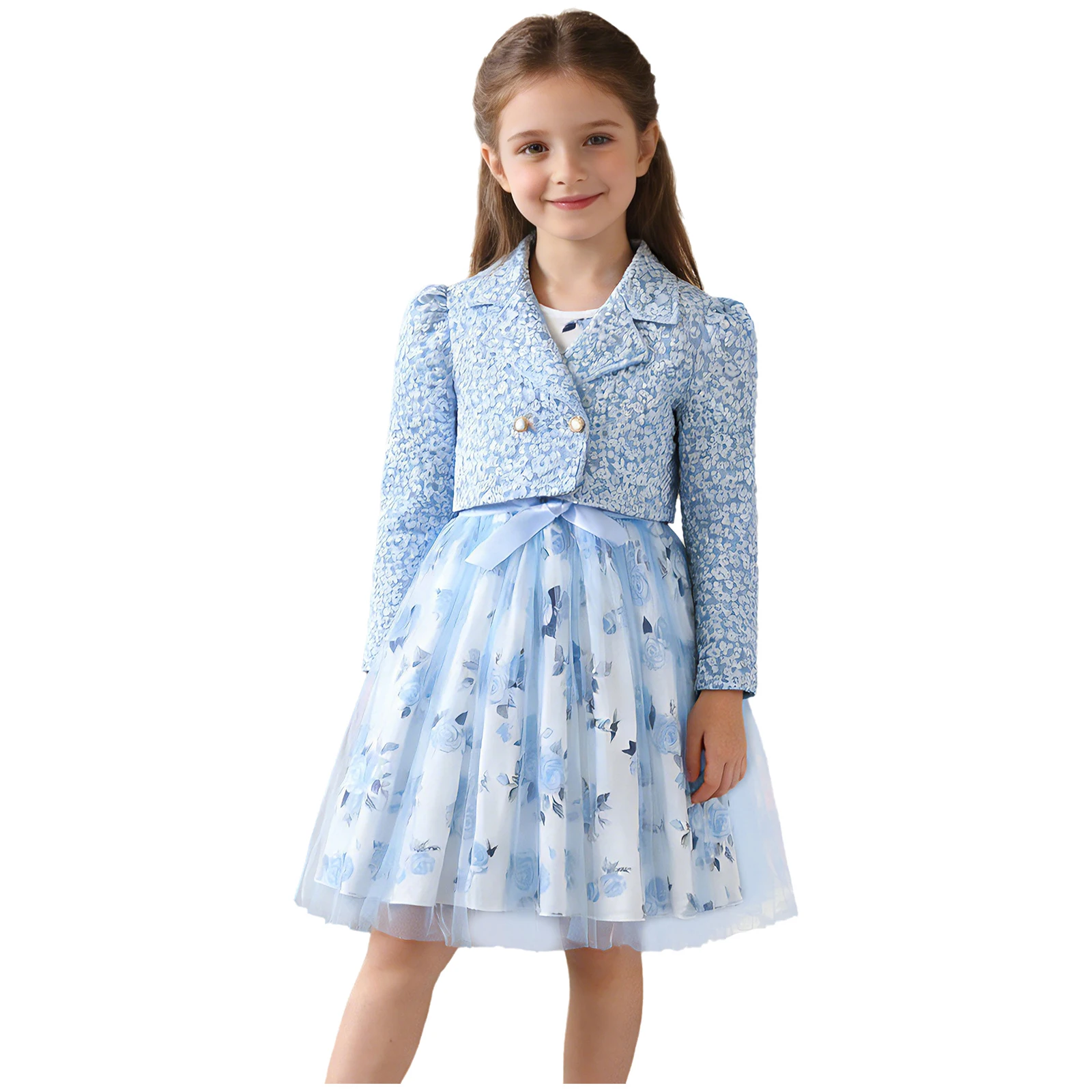 Kids Girls Elegant Dress Party Outfit Rose Print Tulle Tank Dress with Cardigan Suit Wedding Birthday Pageant Children's Sets