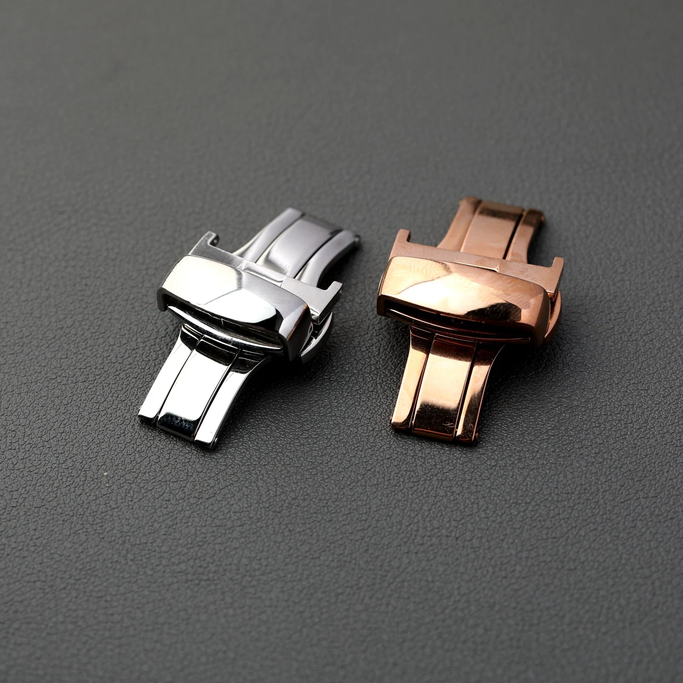 316L Silber polierter Roségold-Edelstahlverschluss, Butterfly-Verschluss 16 18 20 mm, Doppeldruck-Faltschließe