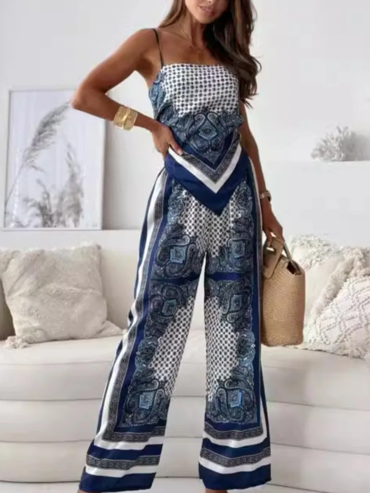 Fashion Boho Print Two Piece Sets Summer Women Sexy Backless Chest Wrapped Sling Lace Up Top + Wide Leg Pants Casual Set Outfits