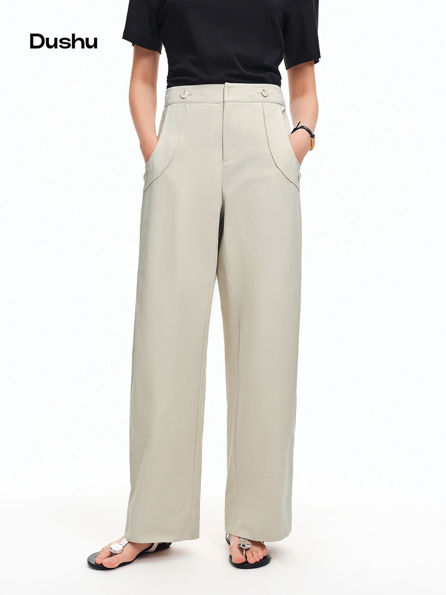 

DUSHU 2026 Летние женские элегантные брюки прямого кроя с высокой талией в стиле ретро — повседневные брюки для ежедневной носки и летнего сезона