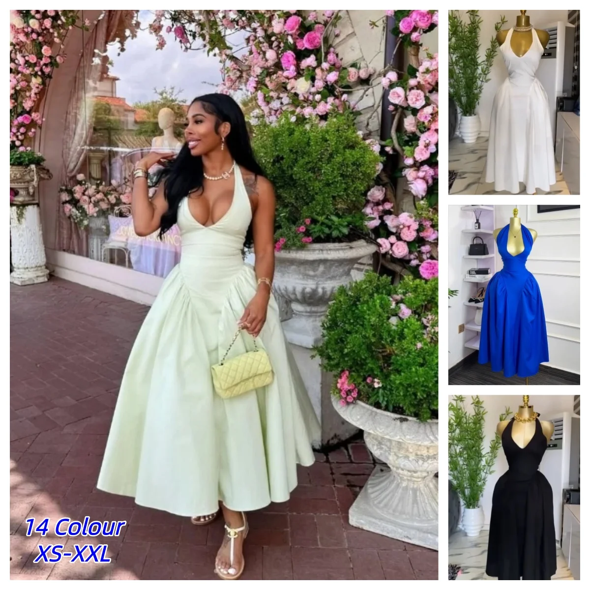 Elegant Retro Women Halter V-neck Backless Sleeveless Big Swing Bodycon Mid Maxi Long Vacation Sexy Party Evening Loose Dresses
