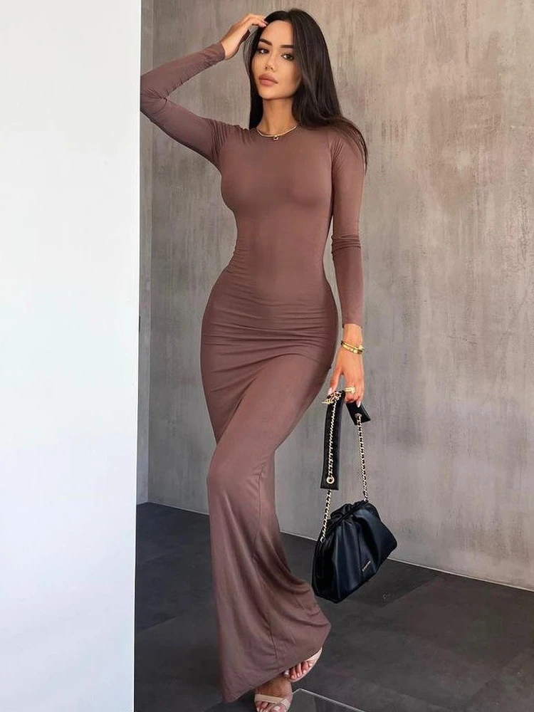 

YUZHEXI Women Bodycon Maxi Dress Fashion Slim Fit Solid Color Round Neck Waist Ruched Long Sleeve Robe