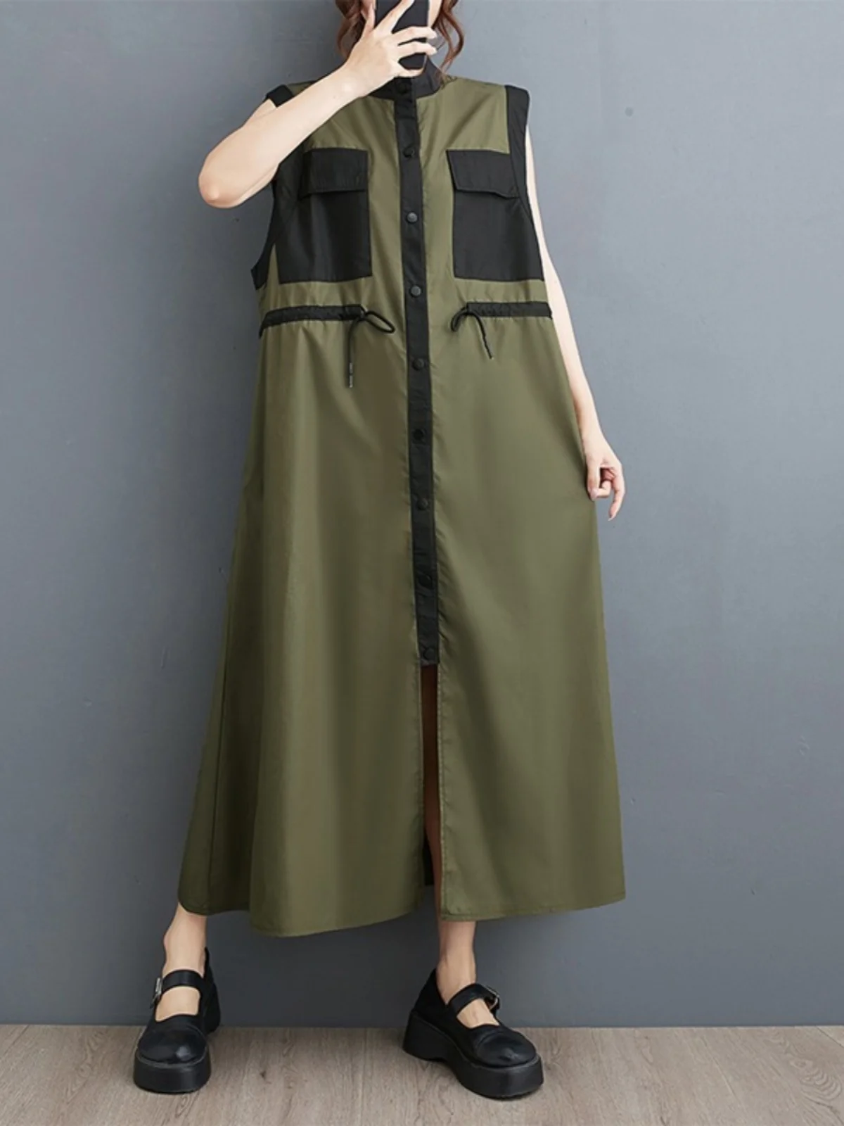 Vestido csa de verão, novo estilo, soltinho, casual, sem mangas, com patchwork na cintura, emaecedor, estilo coreano ret...