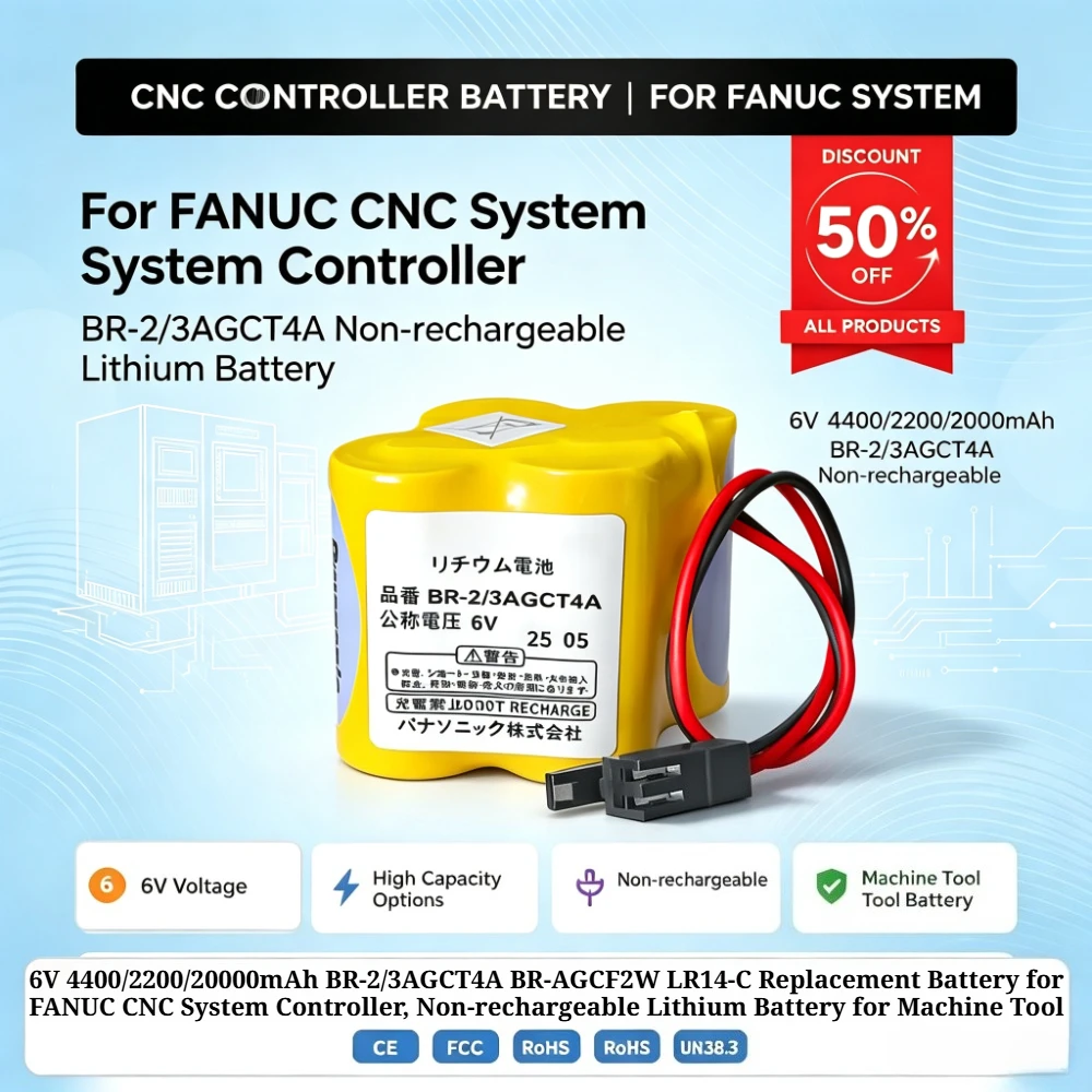 6V 4.4/2.2/20Ah BR-2/3AGCT4A BR-AGCF2W LR14-C Replacement Battery for FANUC CNC System Controller, Non-rechargeable Lithium