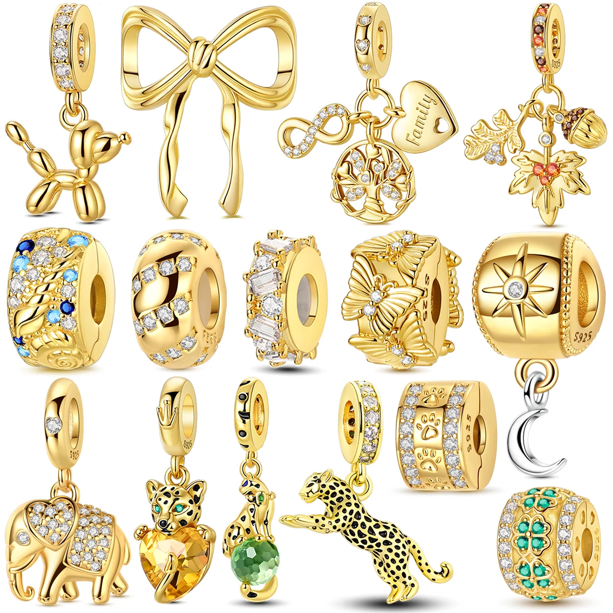 Gold Series Charms Bead Original 925 Sterling Silver Inlaid Zirconium Sun Leopard Pendants Fit Bracelet Jewelry Gift DIY Marking