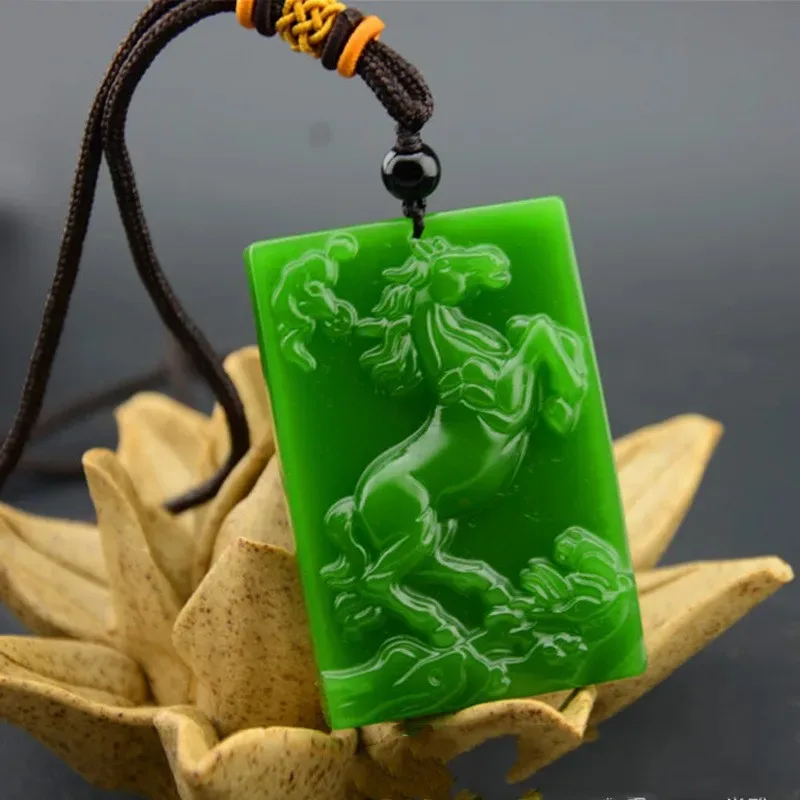

Natural Green Hand Carved Ma Ping'an Jade Pendant Fashion Boutique Jewelry Men's and Women's Horse To Success Necklace
