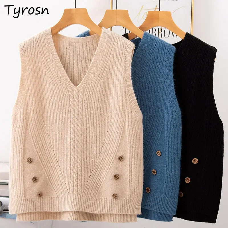 

Sweater Vest Women Buttons V-neck Solid Ribbed Casual Korean Style 3XL Loose Sleeveless Knitted Tops Autumn Ladies New Simple
