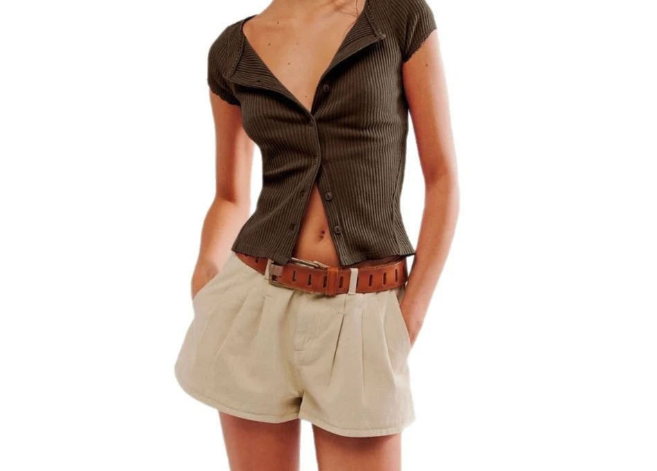 

2025 Summer New Sexy Button Short Sleeve Threaded Cardigan Top Fashion Solid Color T-shirt for Women
