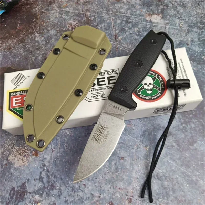 ESEE-3 Rowen Tactical Fixed Blade Knife 9Cr18 Stonewashed Blade Black G10 Handle Self Defense Wilderness Fighting Survival Tool