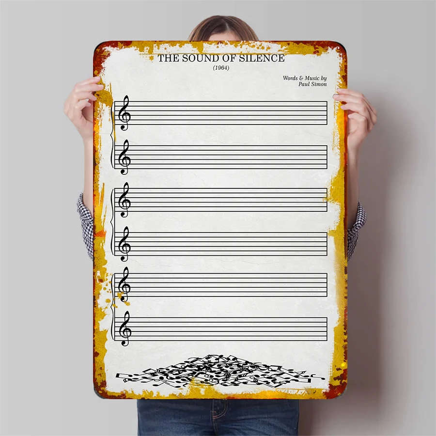Letrero de hojalata de música Vintage personalizado, Paul Simon, el sonido del silencio, partitura de música, arte de pared, decoración del hogar, pintura Mural