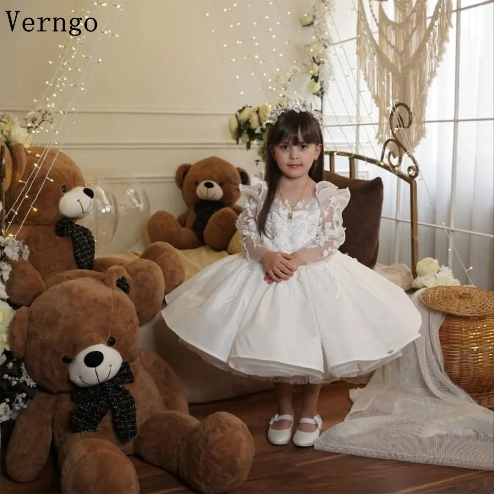 

Verngo lvory Tulle Girl Flowers Dresses Appliques O Neck Puff Short Sleeves A Line Birthday Party Dress Princess Kid Customized