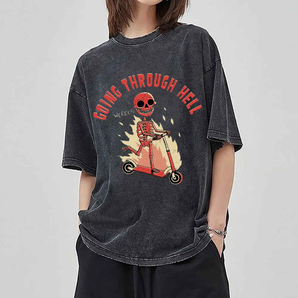 

Summer 2024 New Skull Print Women's T-Shirt Y2K Oversized Washed Neutral Short Sleeve Casual Trend Wear Men