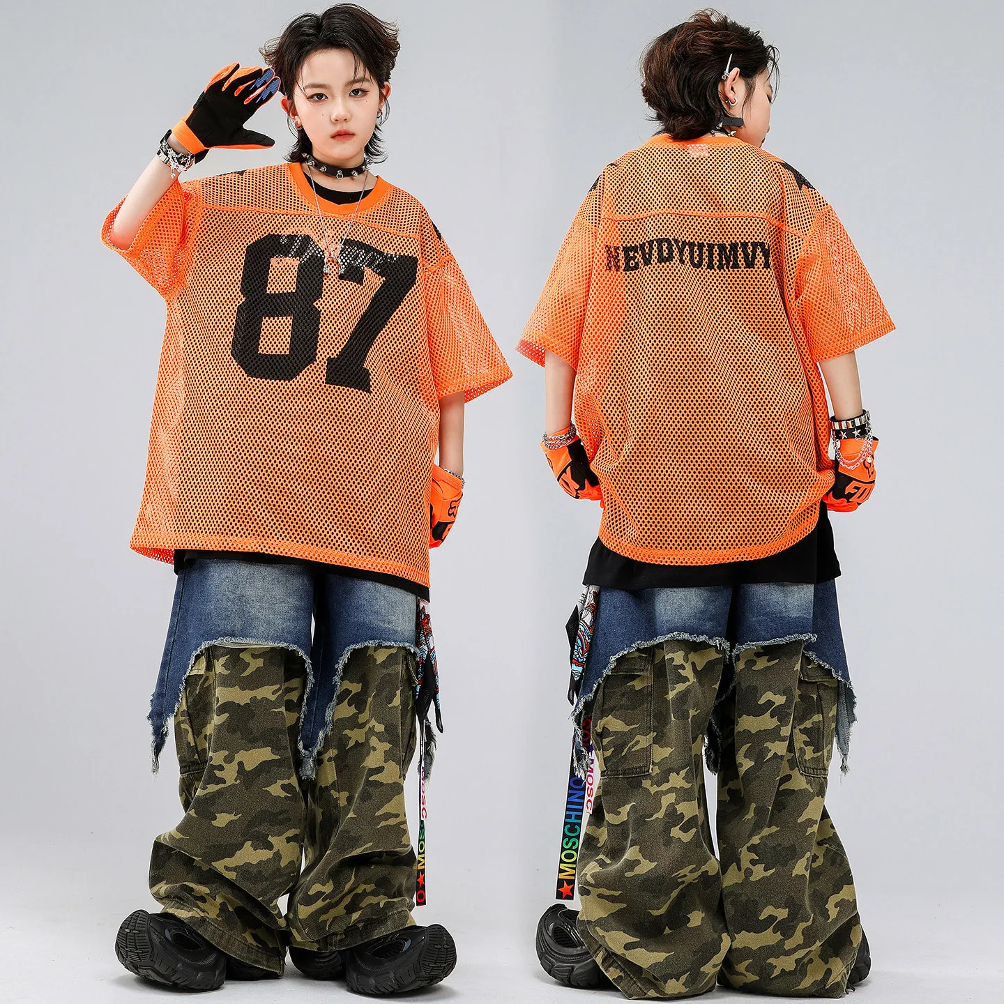 

Детская уличная одежда в стиле хип-хоп: футболка для мальчиков и девочек, джинсовые брюки, сетчатая футболка, широкие джинсы, комплекты для выступлений, костюмы