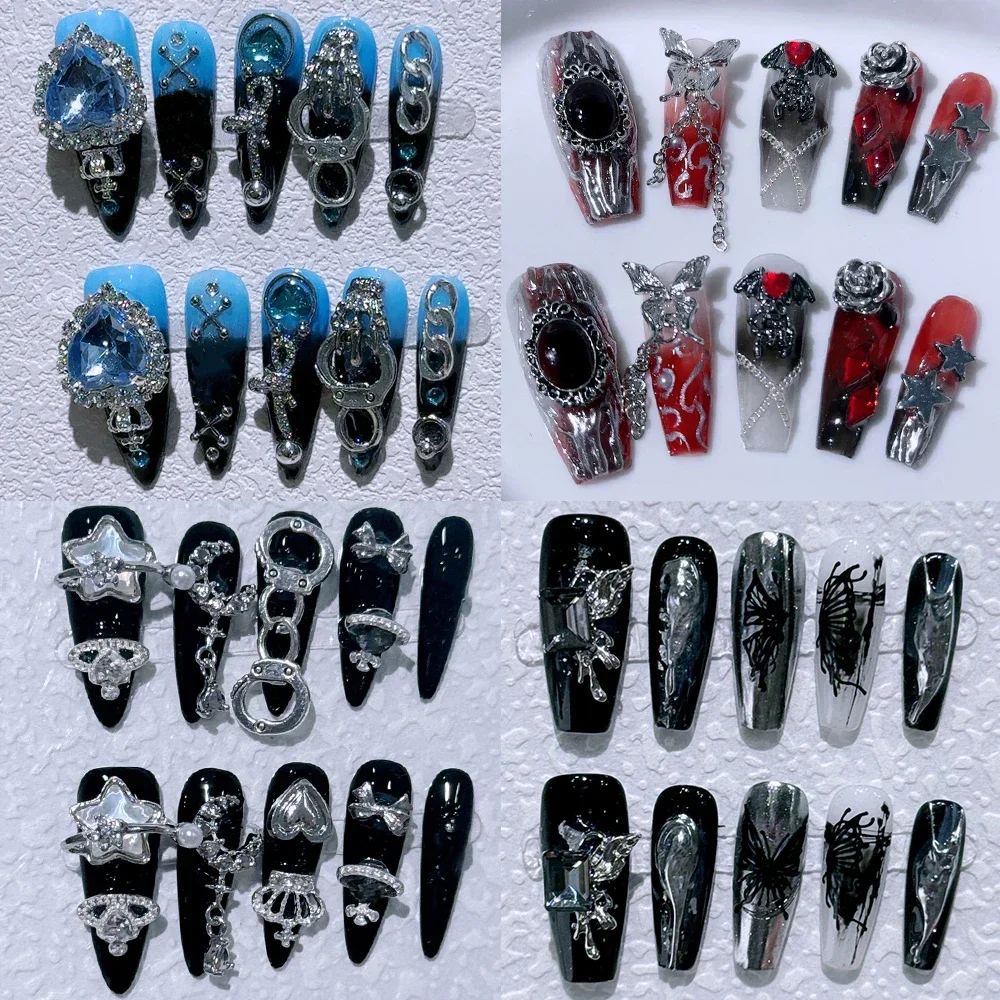 

Diy Gothic Fashion Dark Wind Wearable Press On Nails Long Coffin Pointed Shape Metal Camellia Flower Artificial False Nail