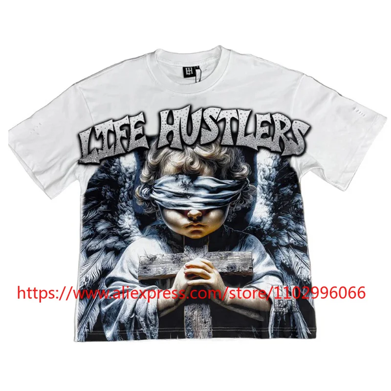High Street Retro Life Hustlers Short-Sleeved Fashion Beaded Prayer Print High-Quality Round-neck Casual T-Shirt
