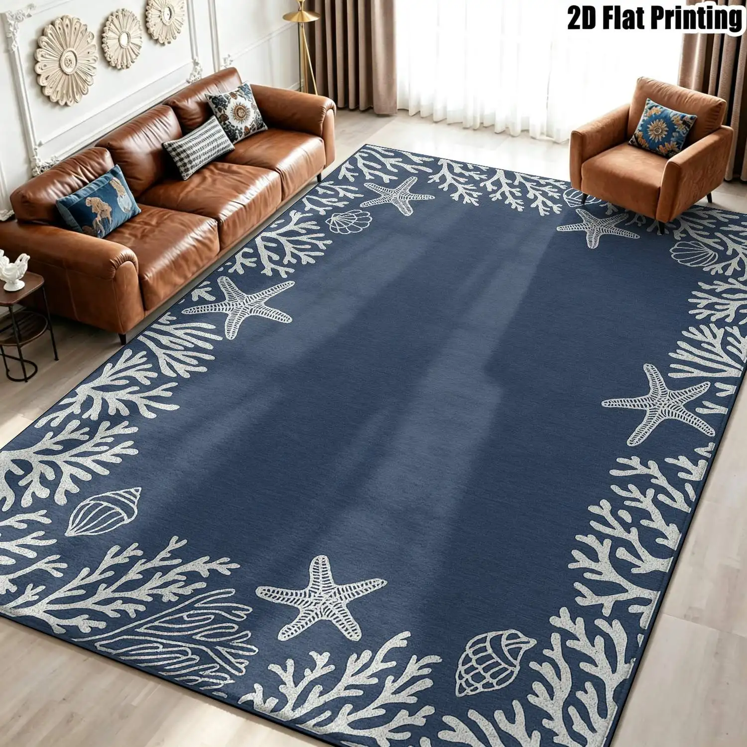 1Pc 2D Printed Carpet: Deep Blue White Coral Star Pattern, Nordic/Instagram Influencer Style, Modern Simple Vintage European Floor Mat, Home Decor, Multi-Size, Machine Washable, for Entrance, Dining, Foyer, Bedroom, Living Room