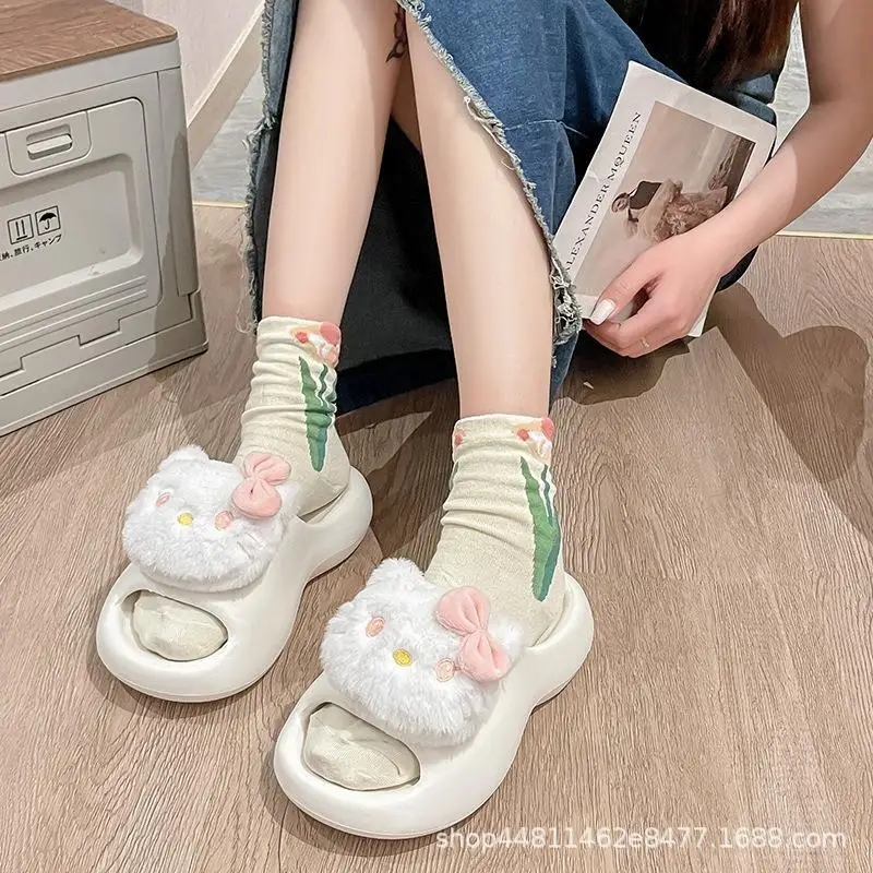 hello kitty plus size Milk black And Cute KT Cat Thick Sole Cool Slippers Women's Summer Wear Home Anti Slip Soft women shoes