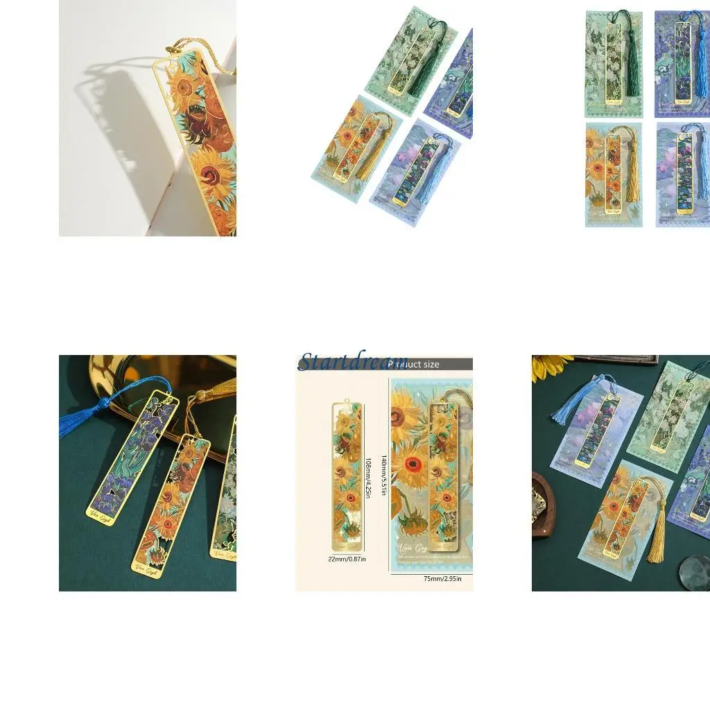 4Pieces Oil Painting Themed Bookmarks Metal Bookmarks with Tassels Hollow Flower Bookmarks for Book Lover Student Adult K92C