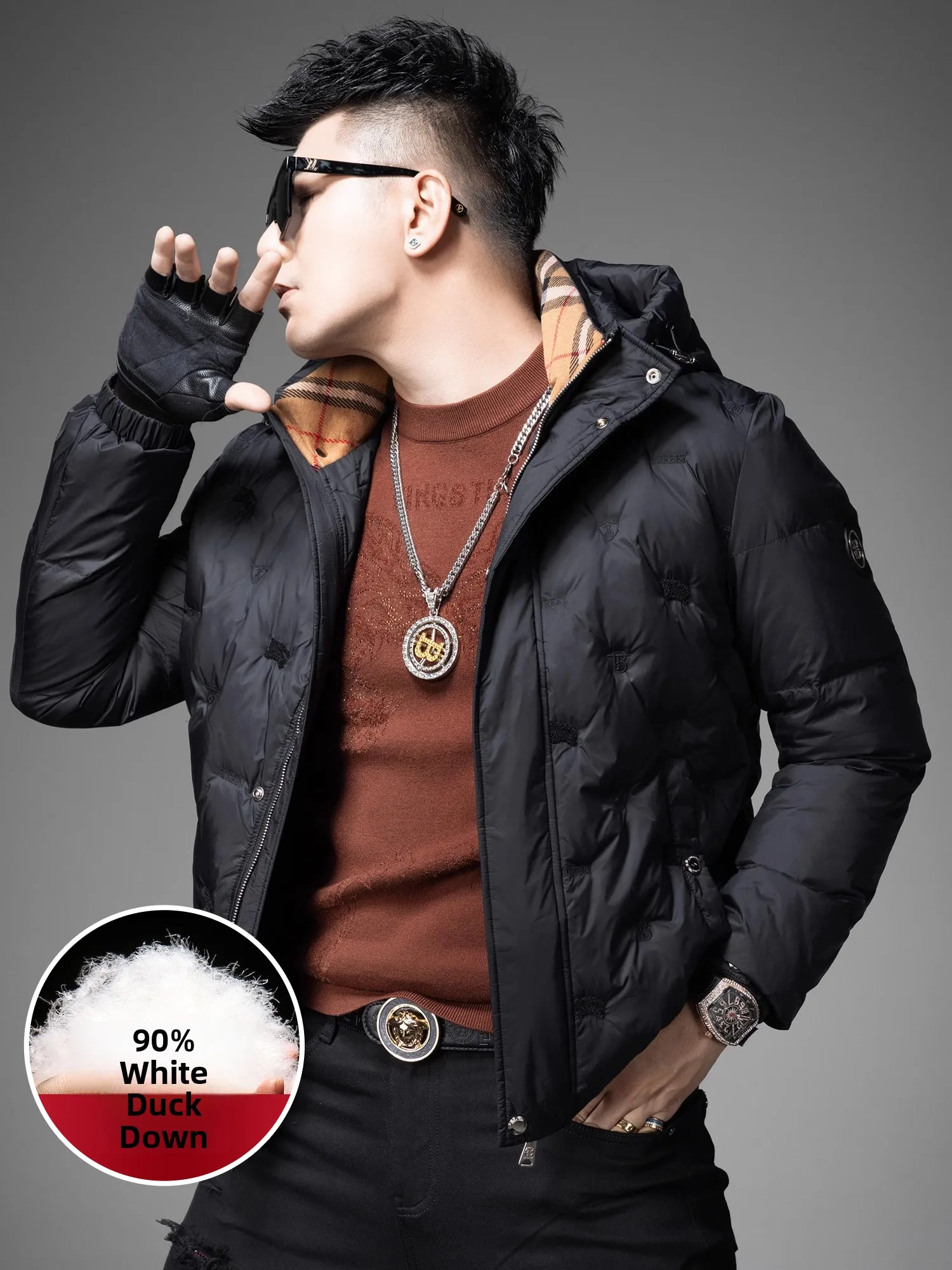 

European Fashion Brand Men's Hooded down Jacket Winter Thick Warm Cold-resistant Outerwear Duck down Coat Urban Style Zipper ...