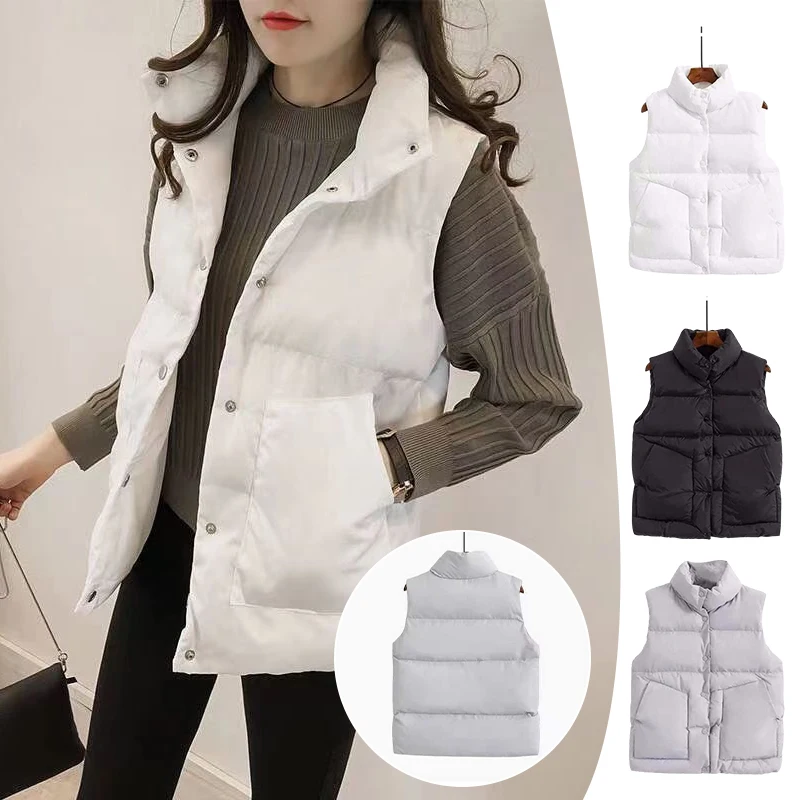 

2023 Autumn Winter Stand Collar Down Coats Warm Outerwear Vest Korean Fashion Casual Sleeveless Women White Vests Jackets