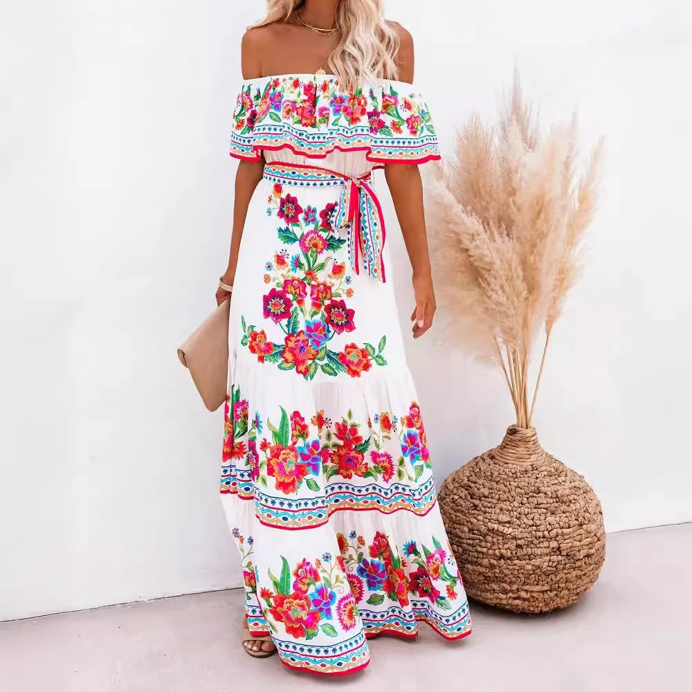 Flower Print Off Shoulder Long Dresses For Women Spring Summer New Fashion Temperament High Waist Leace-up Dress Female Vestidos