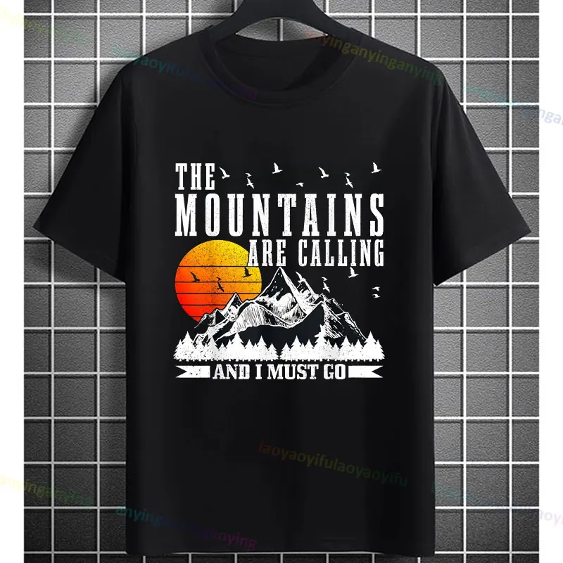 Men's The Mountains Are Calling I Must Go Hiking Graphic Printed T-Shirt Slogan Casual Short-sleev Cotton Tshirts Outdoor Shirt