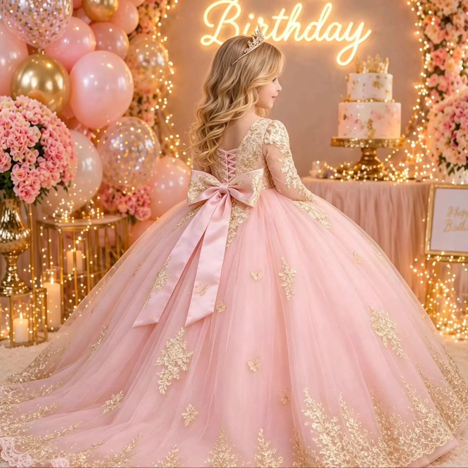 Princess Pink Flower Girl Dresses for Wedding Full Sleeves Applique Tulle Kids Birthday Party First Communion Gown Custom