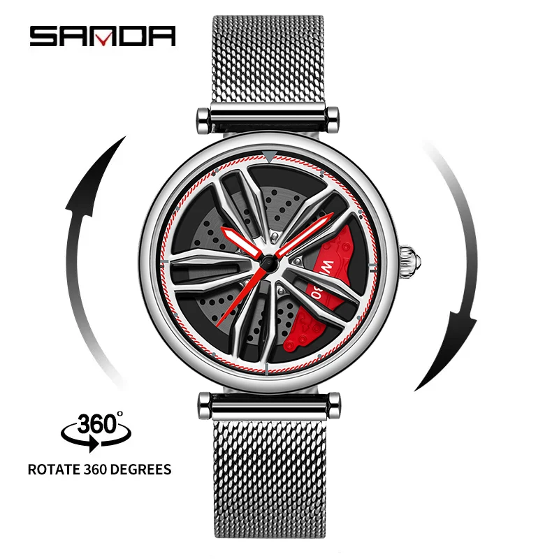 SANDA P1074 New Fashion Women Watches Sports Car Wheel Hub Waterproof Watch 360 Rotating Dial Stainless Lady Quartz Wristwatches