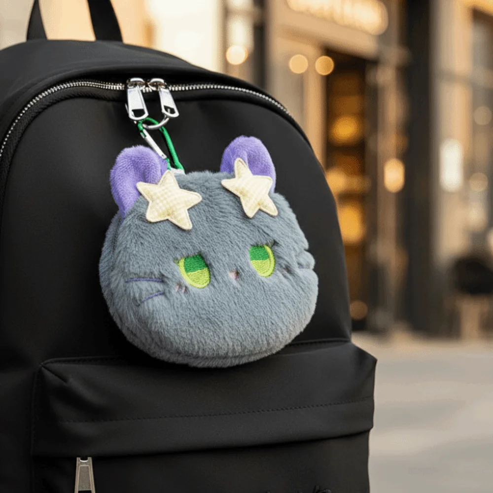 Star Decor Cat Coin Purse Compact Size Zipper Closure Mini Wallet Fabric Lightweight Texture Cartoon Animal Pouch