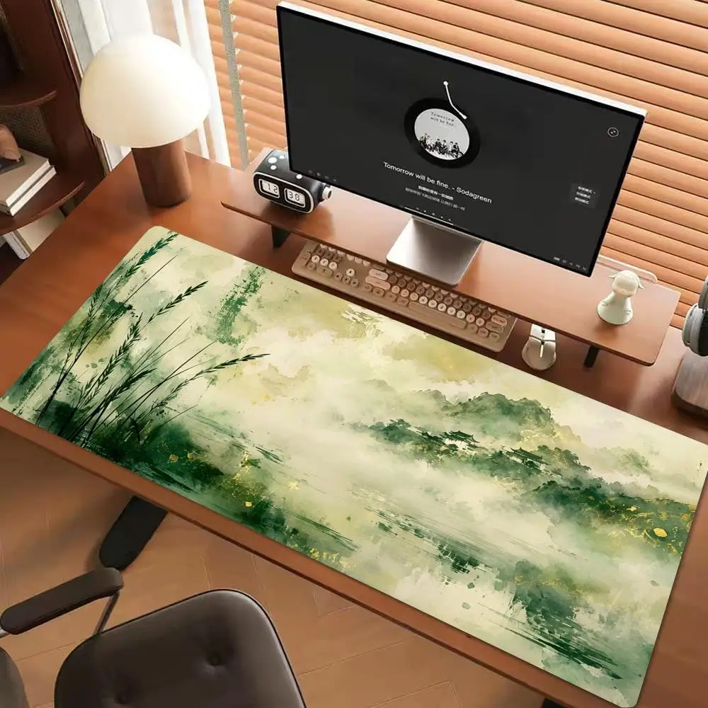 Anime Playmat Chinese Ink Mountain Pavilion Landscape Mousepad Large Size For Bedroom Learning Game Card Pad Table Mat