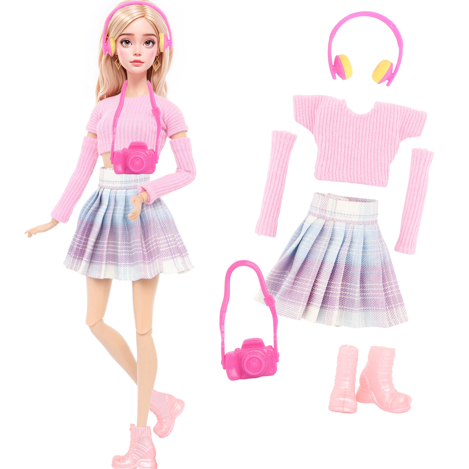 Fashion Doll Outfit Dress Set 11.8 Inch Doll Tops Daily Skirt with Accessories Shoes Bag Headset 30cm Doll Clothes 1/6 Toy Gift