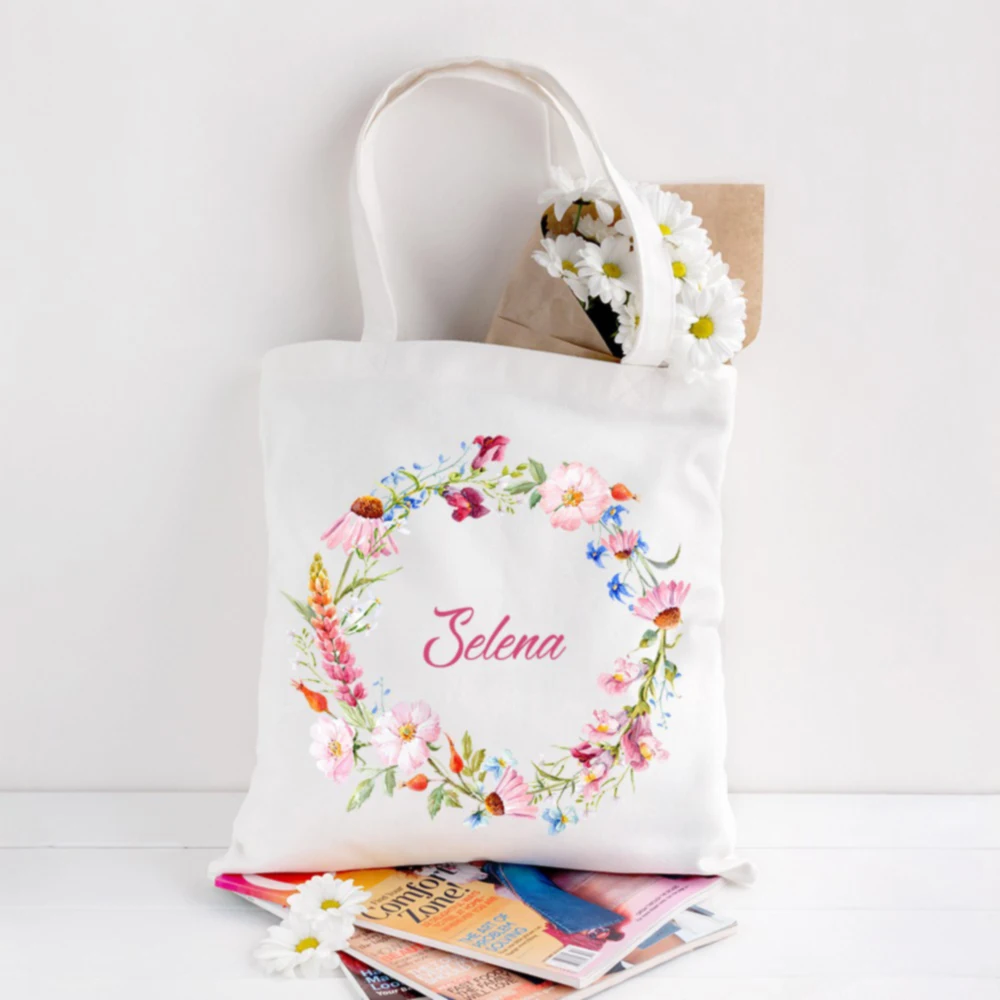 Benutzer definierte Name Blumenkranz jeden Tag Einkaufstasche Baumwolle Leinwand Schulter Shopper Einkaufstasche Studenten Lehrer Buch Reise Lagerung Handtasche