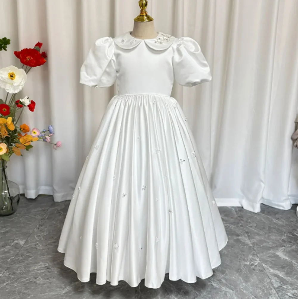 カスタマイズされたエレガントなフラワーガールドレス結婚式用ビーズパール半袖子供の誕生日パーティー初聖体拝領ページェントガウン