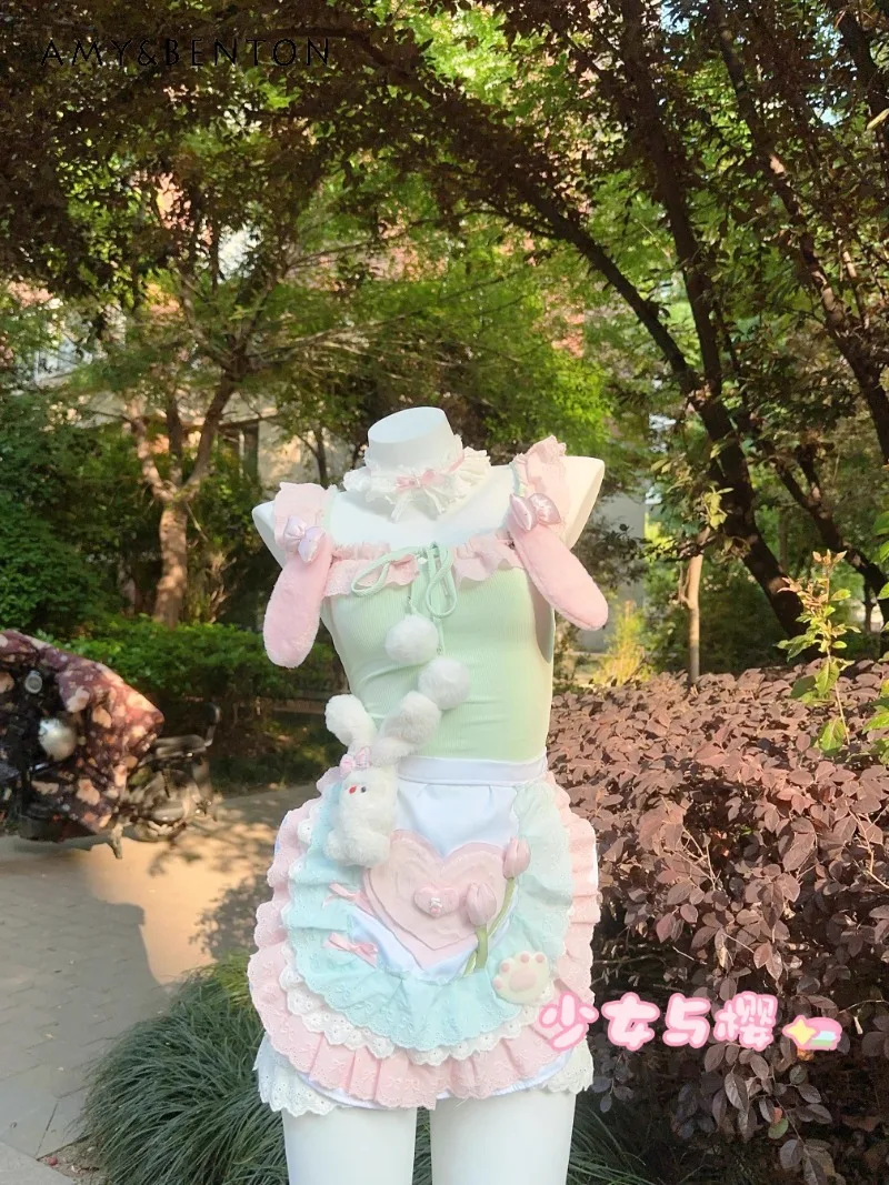 

Japanese Summer Original Lace Rabbit Ear Hairball Strap Tulip Apron Hip Wrap Dress For Women
