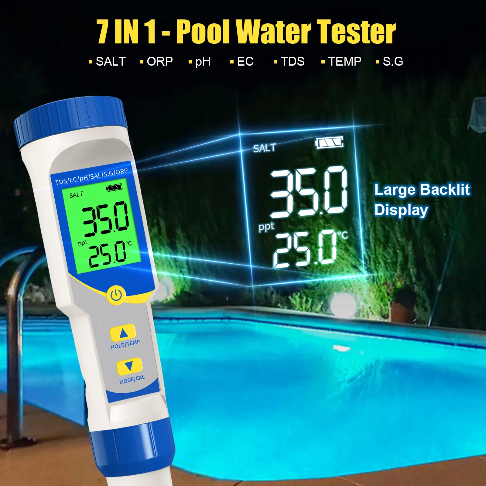 Yieryi PH Medidor para Piscina, Alta Precisão, PH Medidor, TDS, CE, ORP, ppm Tester, Salimeter para Aquarium, hidroponia, 0,01 Resolução, 7 em 1