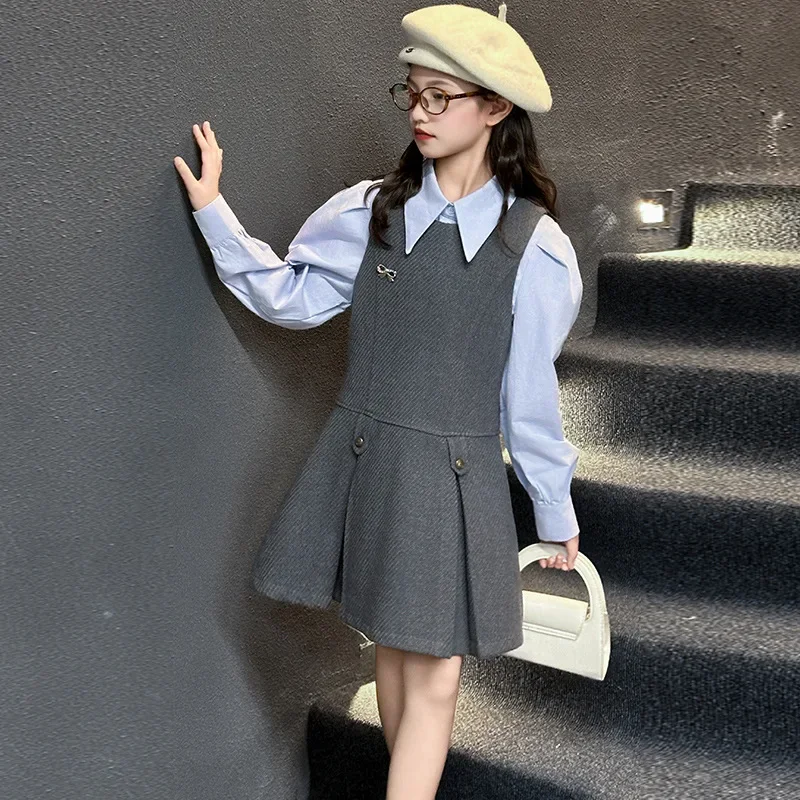 

Girls' College Style Shirt Woolen Skirt Set Autumn 2024 New Children's Fashion Start Up Set