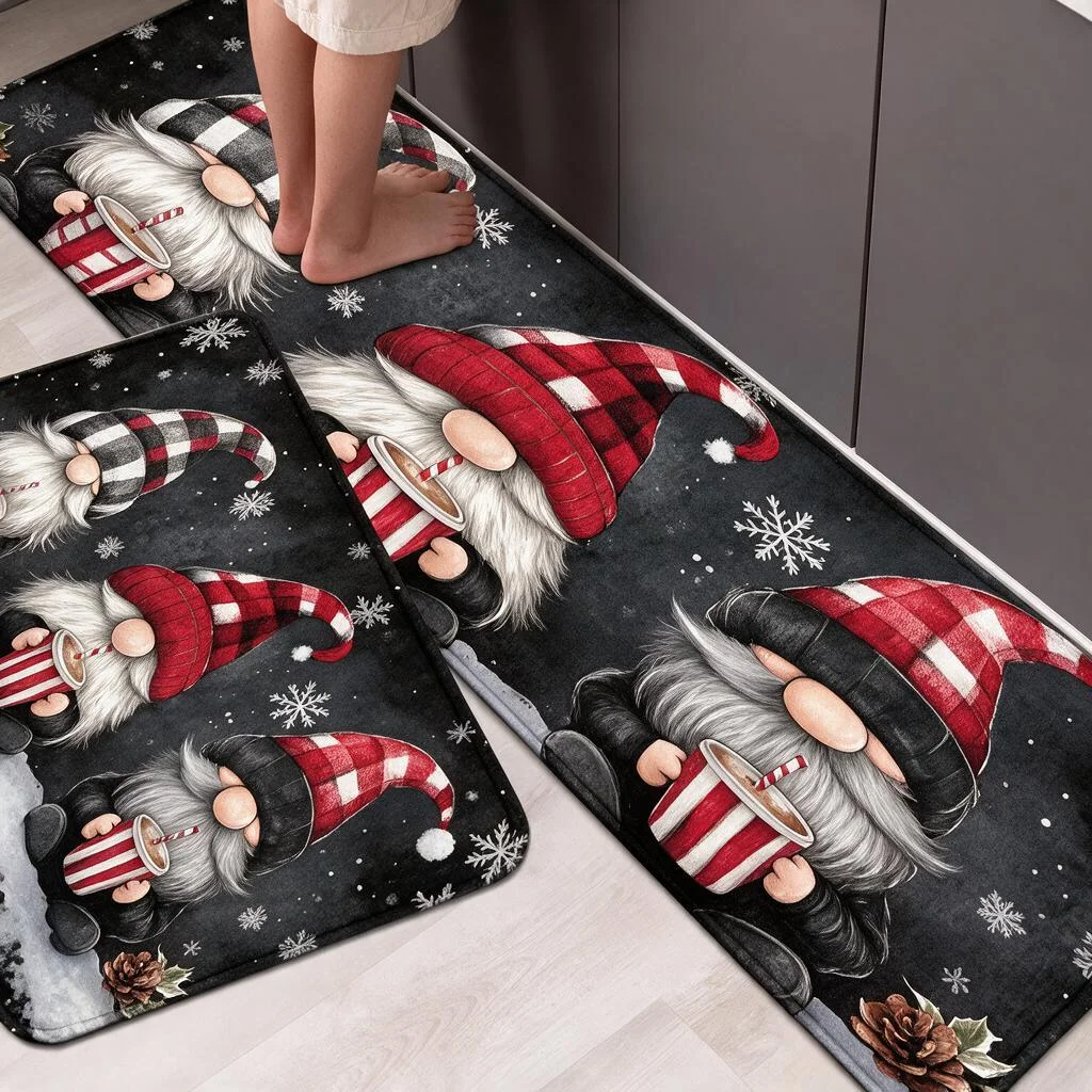 Christmas Kitchen Mat Plush Flannel Rug with Merry Christmas Print Non Slip Water Absorbent Soft Floor Mat for Toilet Entryway