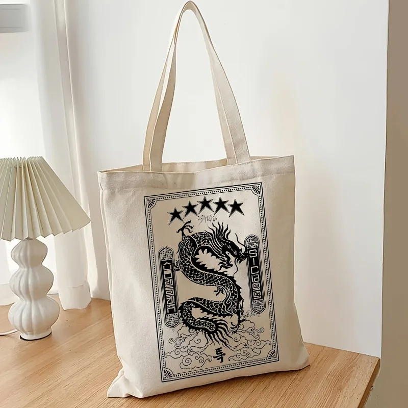 1pc Dragon Pattern Tote Bag, Vintage Casual Shoulder Bag, Canvas Luggage Bag