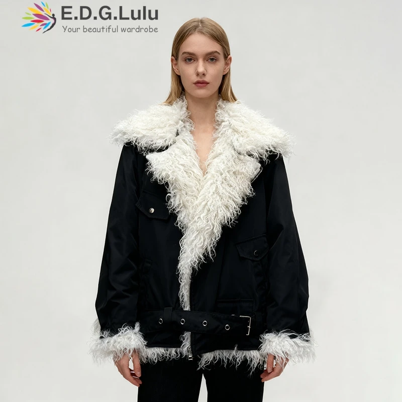 

EDGLuLu Korean Leisure Street Mao Mao Turn-Down Collar Black Jacket 2025 Autumn New Fashion Belt Design Women's Jacket 1026