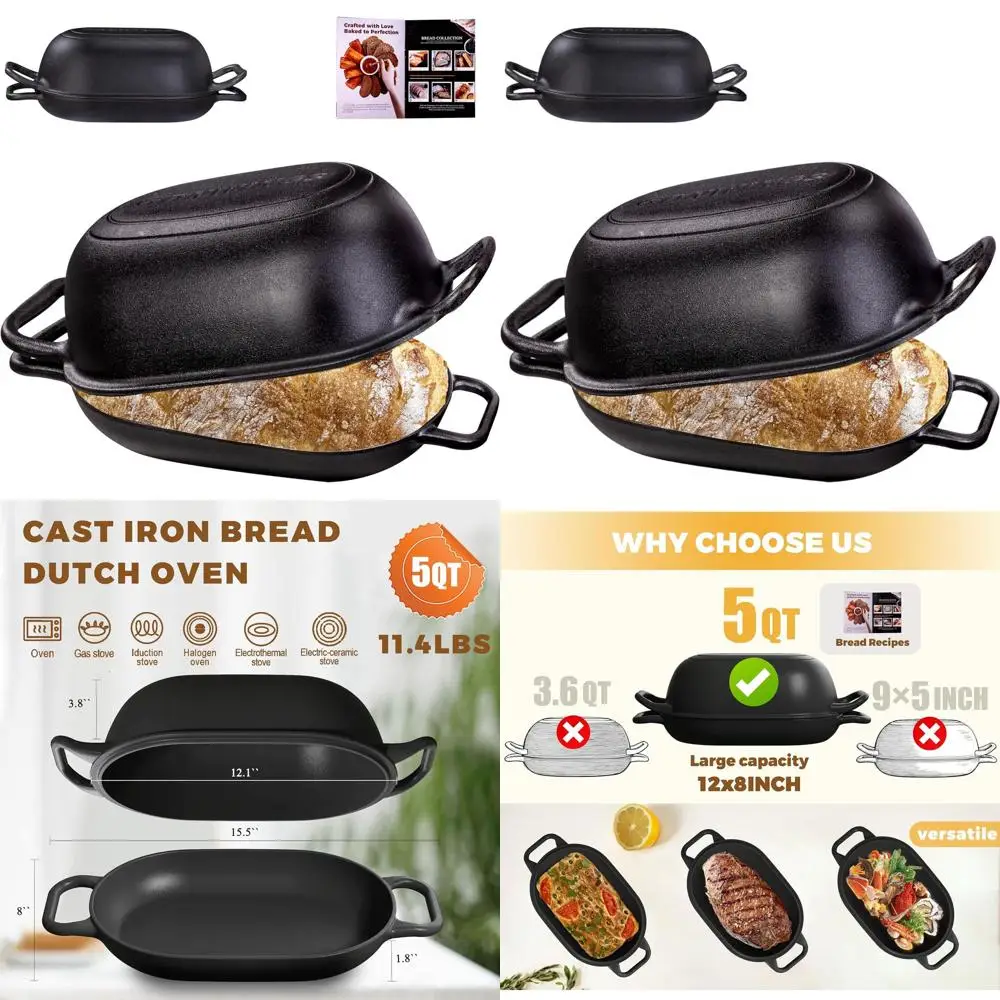

12 x 8 Inch Pre-Seasoned Cast Iron Dutch Oven for Crispy Sourdough Bread, 5-Quart Bread Baking Pan