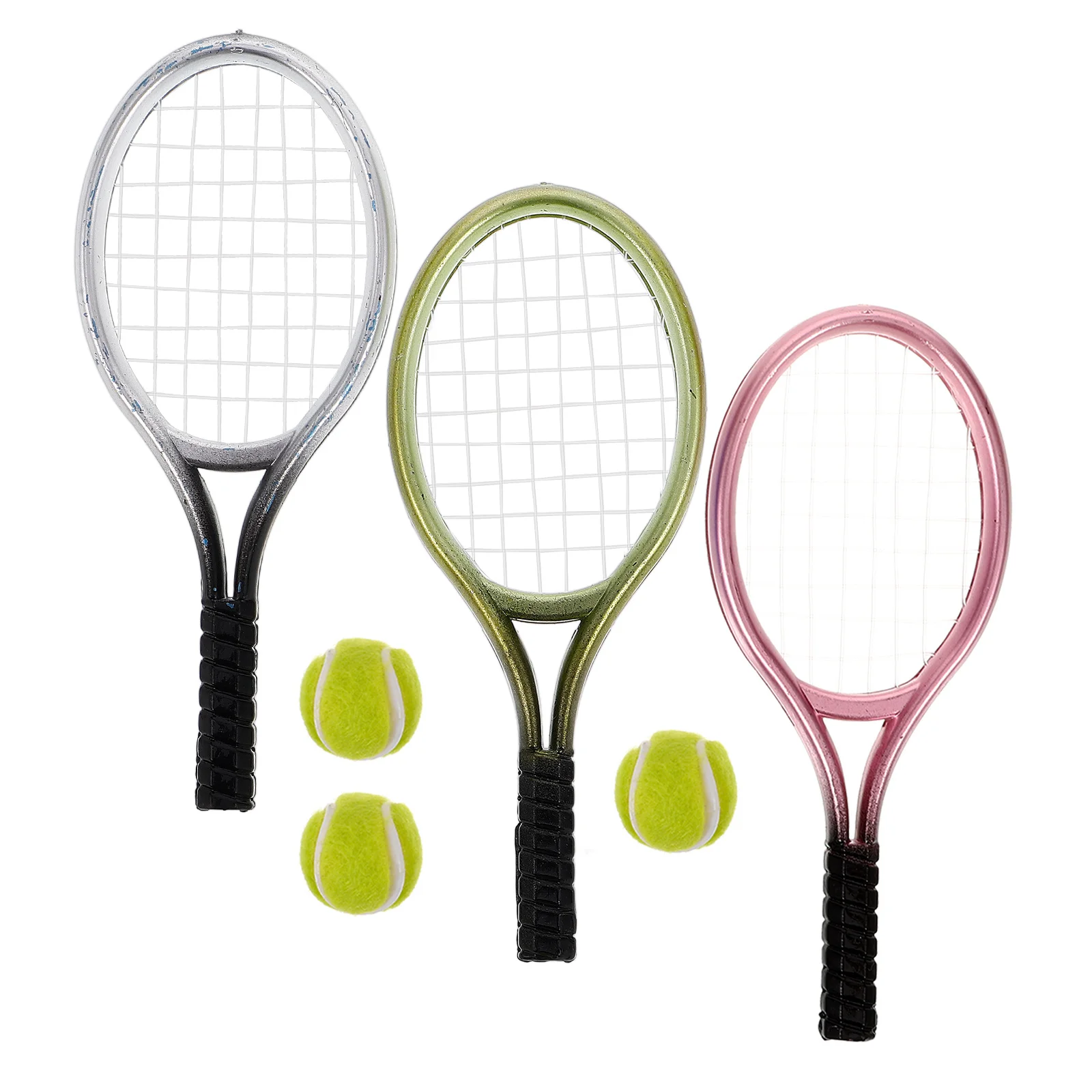 3er-Set Mini-Tennisschläger-Schlüsselanhänger, Miniaturmodell, Schläger, Bälle, Kunststoff, Dekor, Schlafzimmer, Küche, Wohnzimmer, Foto-Requisiten, Spielzeug