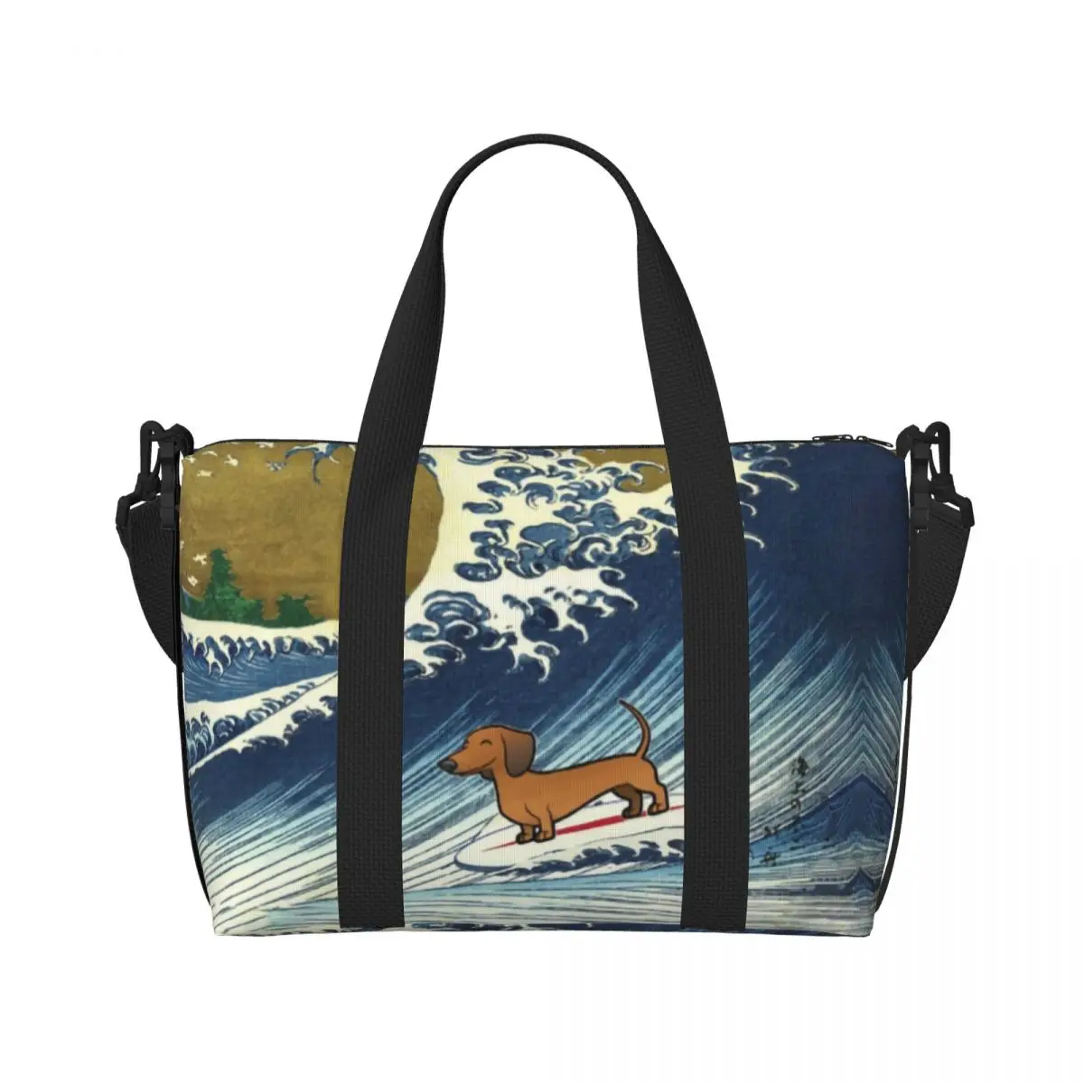 Custom Cute Dachshund Weiner Dog Surfing Beach Tote Bag for Women Extra Large Gym Carry On Puppy Wave Travel Shopping Bags