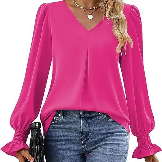 2024 Autumn Women\'s Shirt V-neck Flare Long Sleeve Fashion Solid Color Elegant Street Casual Blouses for Women