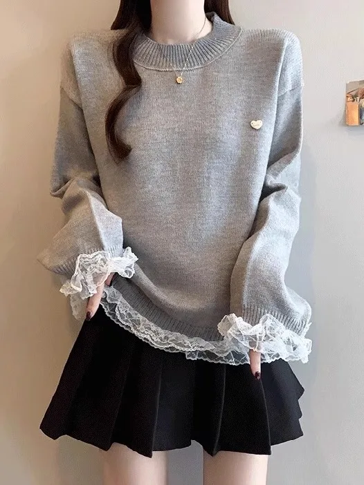 

Вязаный свитер с кружевными вставками, удлиненный, женский, больших размеров, свободного кроя, осенне-зимний, в корейском стиле, повседневный трикотаж