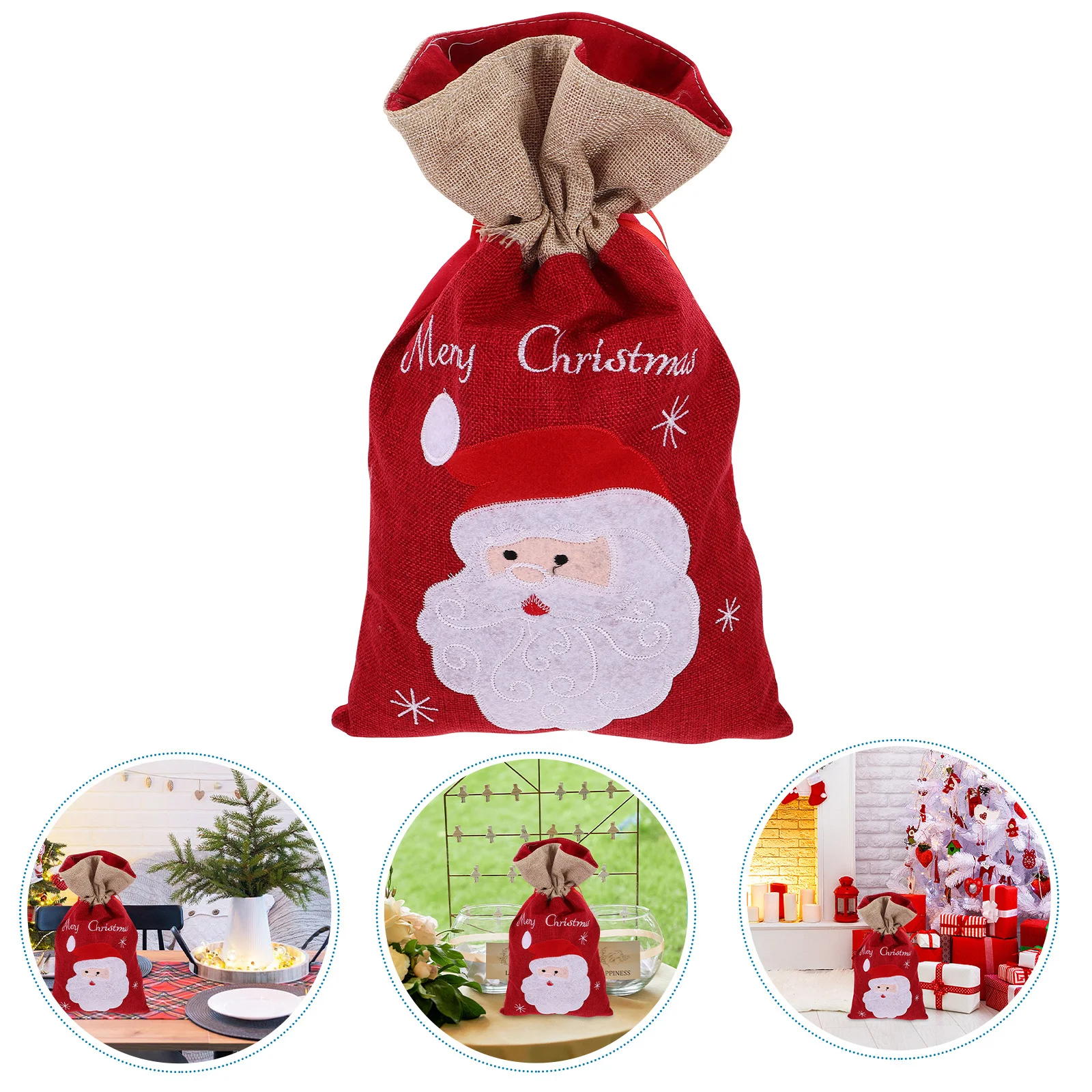 

1Pcs Christmas Gift Bag Linen Drawstring Pouch Size S Santa Claus Pattern Durable Candy Bag for Treats and Gifts