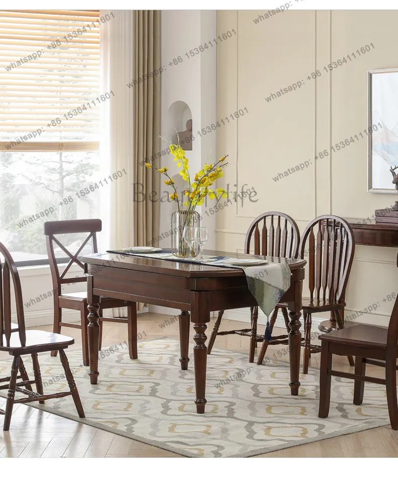 American dining table retractable folding oval household variable round table rural retro all solid wood
