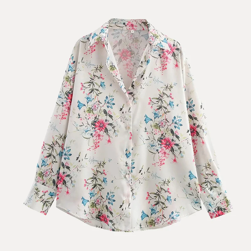 

Spring Women's Loose Fit Silk Satin Print irt Versatile Top Quali Polyester Fiber Z Brand Casual Faion