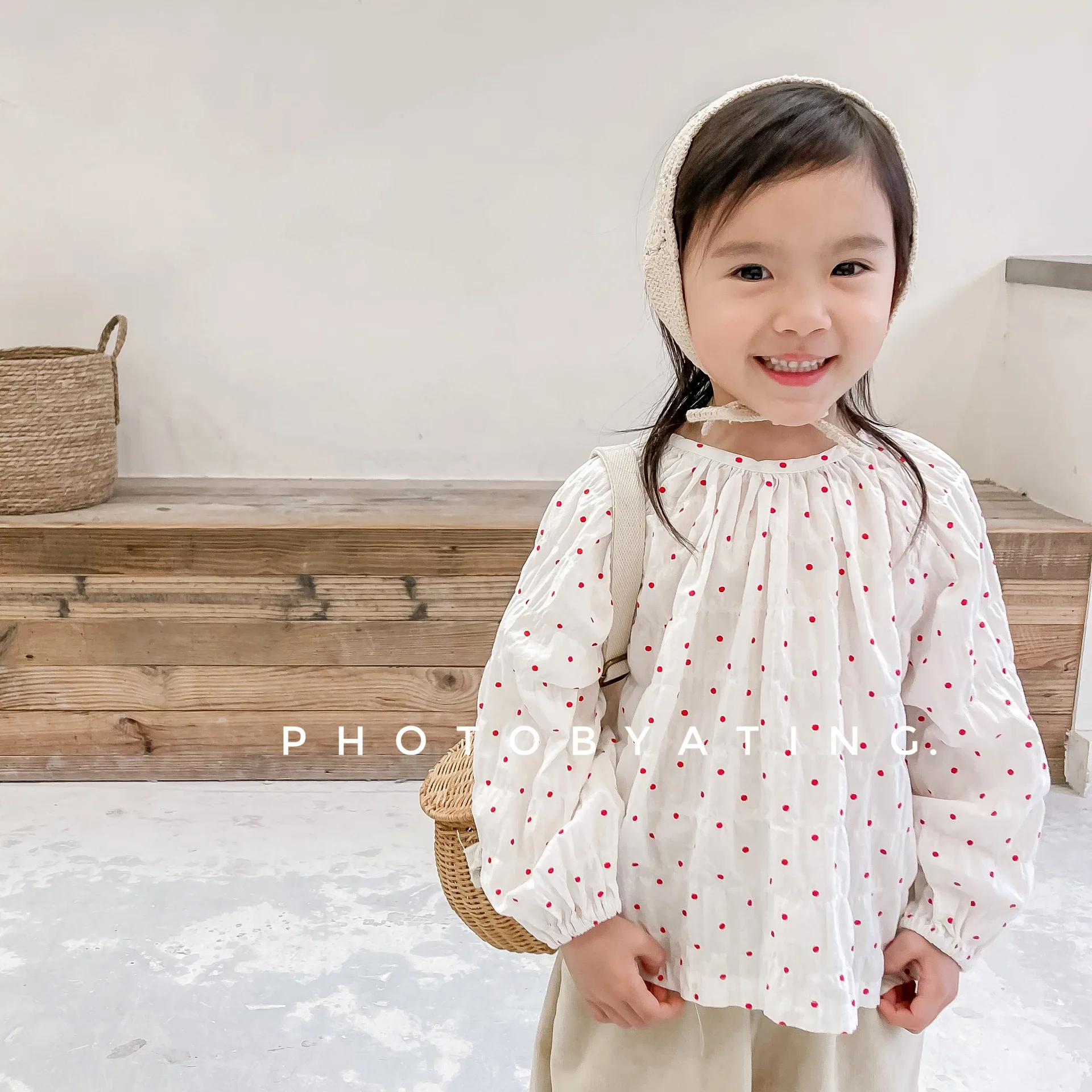 

Girl Shirt Top 2024 Children Autumn New Girls Autumn Korean Style Ramie Cotton Bubble Sleeve Shirt Top Baby Girl Fashion Dot Top